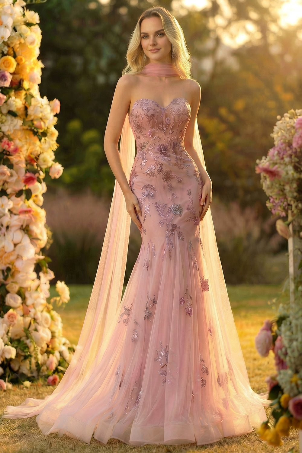 Sweetheart Blush Mermaid Embroidered Long Prom Dress with Neck Scarf Sweetheart Blush Mermaid Embroidered Long Prom Dress with Neck Scarf