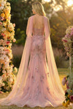 Sweetheart Blush Mermaid Embroidered Long Prom Dress with Neck Scarf
