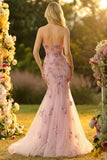Sweetheart Blush Mermaid Embroidered Long Prom Dress with Neck Scarf