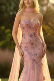 Sweetheart Blush Mermaid Embroidered Long Prom Dress with Neck Scarf