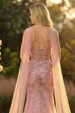 Sweetheart Blush Mermaid Embroidered Long Prom Dress with Neck Scarf