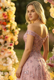 Off The Shoulder Blush A Line Corset Sequin Long Prom Dress