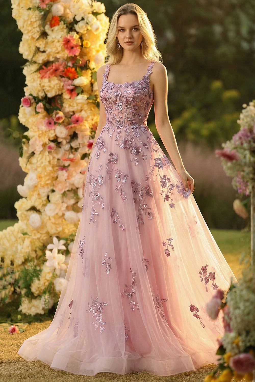 Blush A Line Embroidered Square Neck Long Tulle Prom Dress Blush A Line Embroidered Square Neck Long Tulle Prom Dress