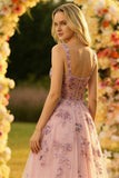 Blush A Line Embroidered Square Neck Long Tulle Prom Dress