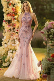 Mermaid Halter Blush Tulle Embroidered Long Prom Dress with Sequins