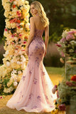 Mermaid Halter Blush Tulle Embroidered Long Prom Dress with Sequins