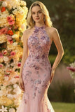 Mermaid Halter Blush Tulle Embroidered Long Prom Dress with Sequins