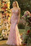 Sparkly Blush Mermaid Spaghetti Straps Long Prom Dress with Sequins