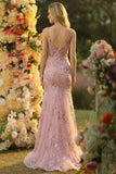 Sparkly Blush Mermaid Spaghetti Straps Long Prom Dress with Sequins