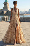 Apricot Black Dot A Line Halter Bowed Long Prom Dress with Slit