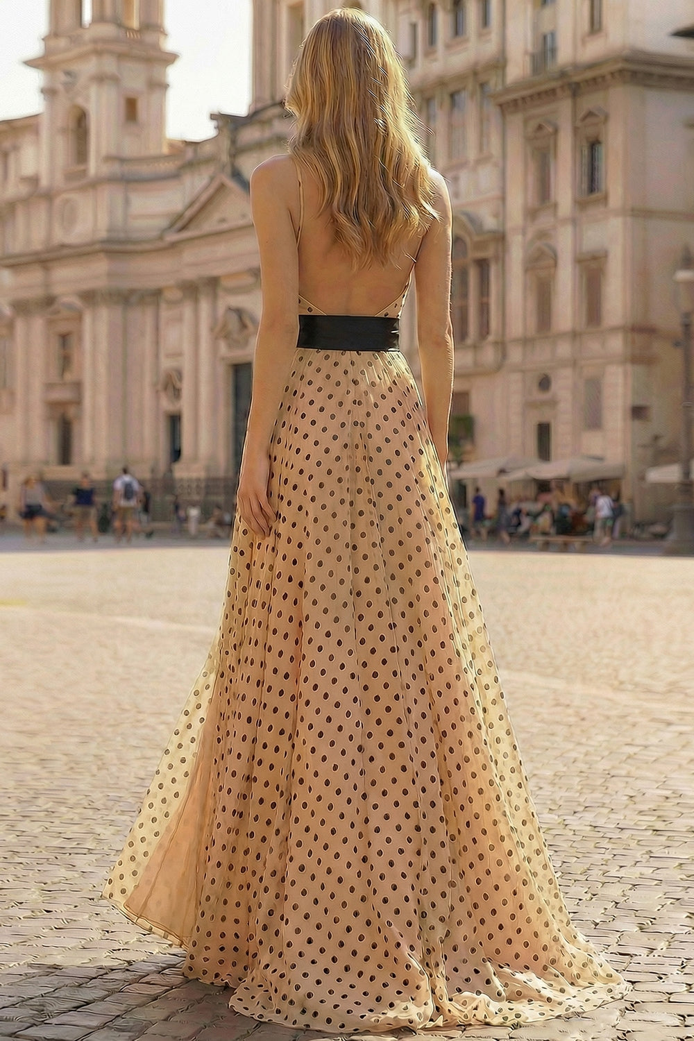 ZAPAKA Women Apricot Black Dot Halter Long Prom Dress with Slit A-Line Printed Backless Formal Dress with Bow, Apricot Black Dot / US16 ZAPAKA Women Apricot Black Dot Halter Long Prom Dress with Slit A-Line Printed Backless Formal Dress with Bow, Apricot Black Dot / US16