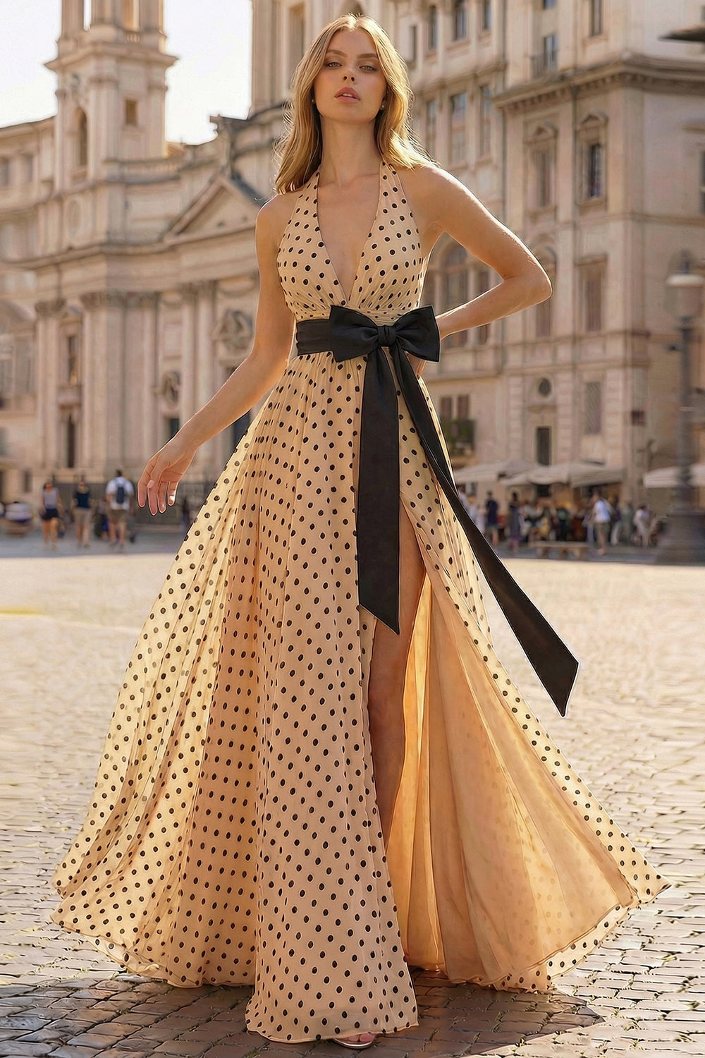 ZAPAKA Women Apricot Black Dot Halter Long Prom Dress with Slit A-Line Printed Backless Formal Dress with Bow, Apricot Black Dot / US16 ZAPAKA Women Apricot Black Dot Halter Long Prom Dress with Slit A-Line Printed Backless Formal Dress with Bow, Apricot Black Dot / US16