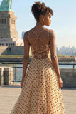 Simple A Line Apricot Black Dot Lace Up Back Long Prom Dress with Slit