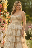 Sweetheart A Line Tiered Apricot Black Dot Long Plus Size Prom Dress with Ruffles