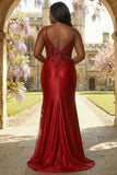 Burgundy Satin Mermaid Appliqued Plus Size Long Prom Dress with Slit