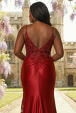 Burgundy Satin Mermaid Appliqued Plus Size Long Prom Dress with Slit