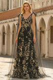 Black Golden Floral A-Line V-Neck Long Prom Dress with Streamer