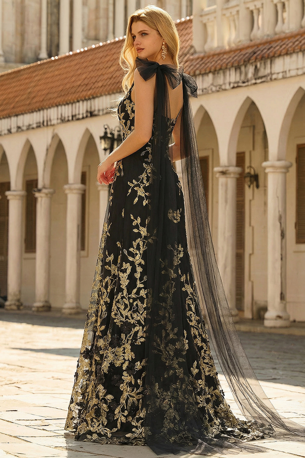 ZAPAKA Women Black Golden Long Prom Dress with Streamer Floral A-Line V-Neck Long Evening Party Dress, Black Golden / US18W ZAPAKA Women Black Golden Long Prom Dress with Streamer Floral A-Line V-Neck Long Evening Party Dress, Black Golden / US18W