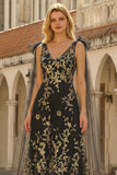 Black Golden Floral A-Line V-Neck Long Prom Dress with Streamer