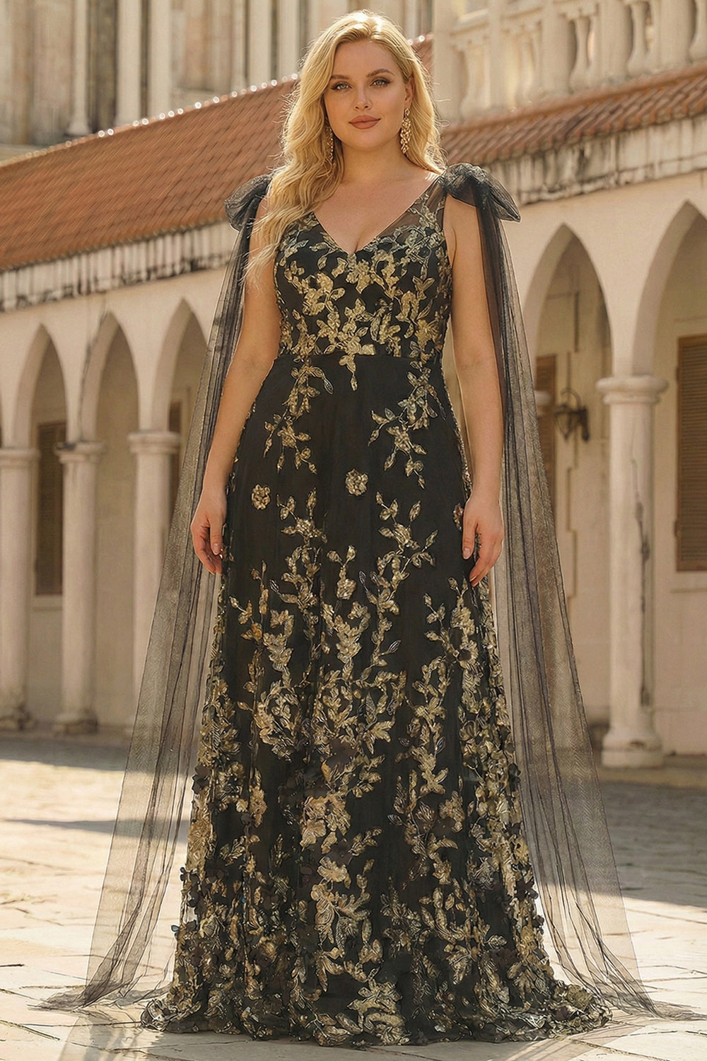 ZAPAKA Women Sparkly Black Golden Plus Size Prom Dress with Streamer V Neck Appliques A Line Long Formal Dress, Black Golden / US24W ZAPAKA Women Sparkly Black Golden Plus Size Prom Dress with Streamer V Neck Appliques A Line Long Formal Dress, Black Golden / US24W