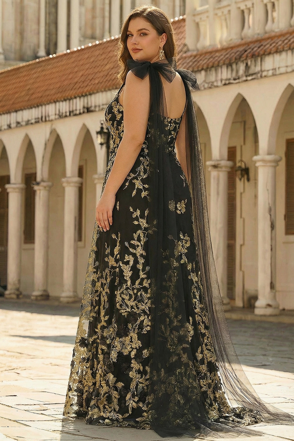 ZAPAKA Women Sparkly Black Golden Plus Size Prom Dress with Streamer V Neck Appliques A Line Long Formal Dress ZAPAKA Women Sparkly Black Golden Plus Size Prom Dress with Streamer V Neck Appliques A Line Long Formal Dress