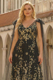 Black Golden A Line V Neck Long Plus Size Prom Dress with Streamer