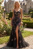 Black Pink Flower Spaghetti Straps Sequins Mermaid Long Prom Dress with Slit