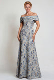 Grey Blue Flower Off the Shoulder A-Line Long Mother of the Bride Dress