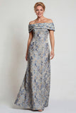 Grey Blue Flower Off the Shoulder A-Line Long Mother of the Bride Dress