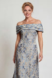 Grey Blue Flower Off the Shoulder A-Line Long Mother of the Bride Dress