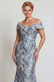 Grey Blue Flower Off the Shoulder Mermaid Long Mother of the Bride Dress