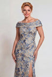 Grey Blue Flower Off the Shoulder Long Mother of the Bride Dress with Slit
