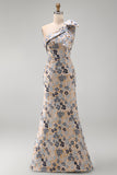 Floral Grey Blue Asymmetrical One Shoulder Mermaid Long Formal Dress with Bow