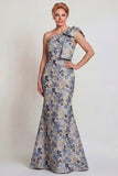 Grey Blue Flower One Shoulder Mermaid Mother of the Bride Dress with Bowknot