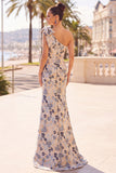 Floral Grey Blue Asymmetrical One Shoulder Mermaid Long Formal Dress with Bow