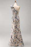 Floral Grey Blue Asymmetrical One Shoulder Mermaid Long Formal Dress with Bow