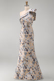 Floral Grey Blue Asymmetrical One Shoulder Mermaid Long Formal Dress with Bow