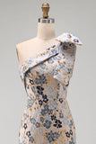 Floral Grey Blue Asymmetrical One Shoulder Mermaid Long Formal Dress with Bow