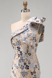 Floral Grey Blue Asymmetrical One Shoulder Mermaid Long Formal Dress with Bow