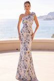 Floral Grey Blue Asymmetrical One Shoulder Mermaid Long Formal Dress with Bow