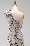 Floral Grey Blue Asymmetrical One Shoulder Mermaid Long Formal Dress with Bow