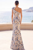 Floral Grey Blue Asymmetrical One Shoulder Mermaid Long Formal Dress with Bow