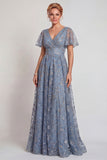 Sparkly Grey Blue Flower Appliqued V Neck A-Line Long Mother of the Bride Dress with Sleeve