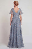 Sparkly Grey Blue Flower Appliqued V Neck A-Line Long Mother of the Bride Dress with Sleeve