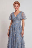 Sparkly Grey Blue Flower Appliqued V Neck A-Line Long Mother of the Bride Dress with Sleeve