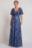 Sparkly Dark Blue Flower V Neck A-Line Long Mother of the Bride Dress with Sleeve