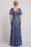 Sparkly Dark Blue Flower V Neck A-Line Long Mother of the Bride Dress with Sleeve