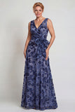 Dark Blue Flower V Neck A-Line Long Mother of the Bride Dress with Bowknot