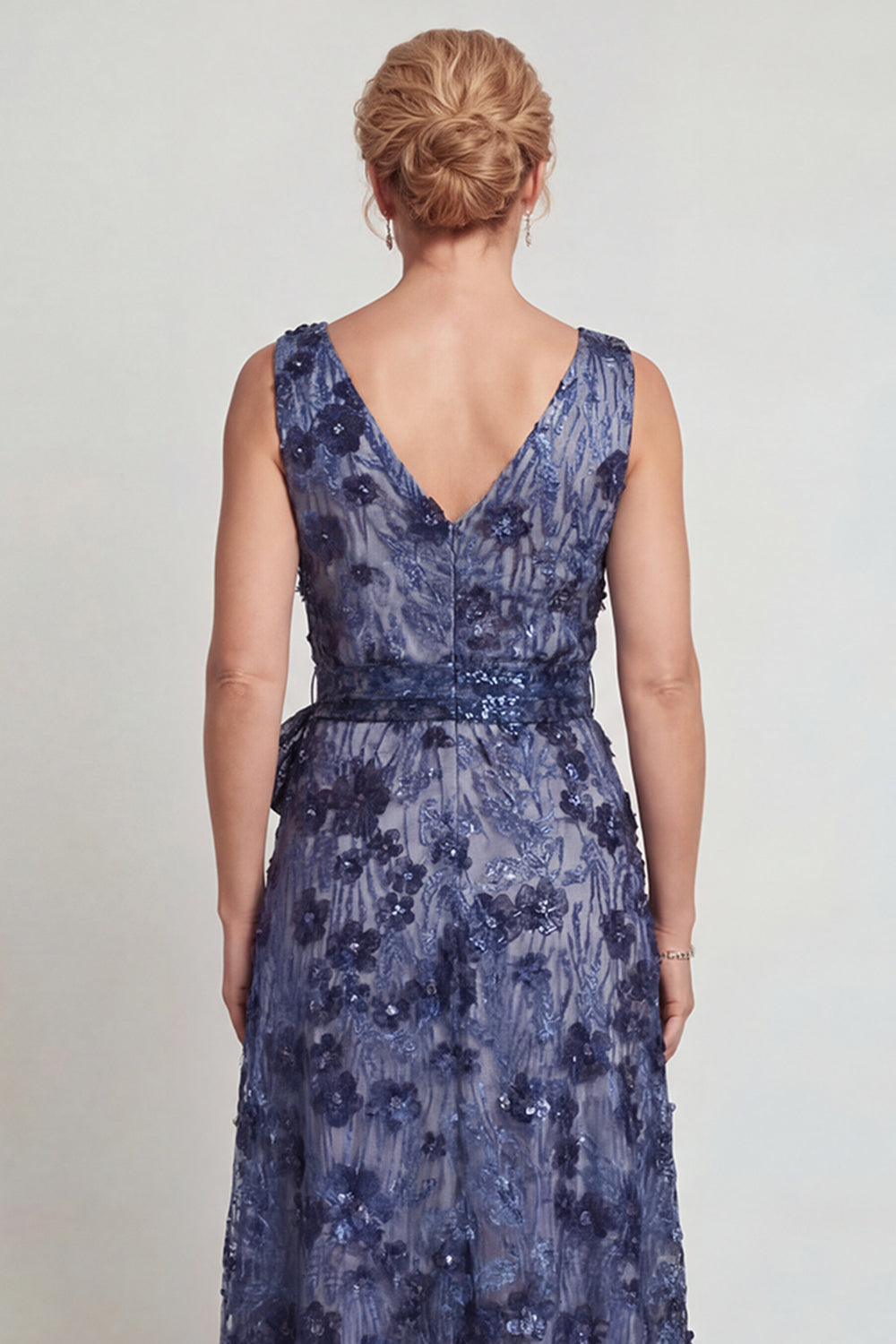 Zapaka Women Dark Blue Flower Mother of the Bride Dress with Bowknot V
