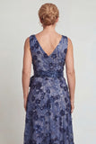 Dark Blue Flower V Neck A-Line Long Mother of the Bride Dress with Bowknot